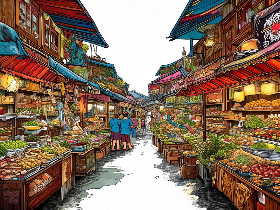 探寻美食街，味蕾与色彩交织的插画盛宴