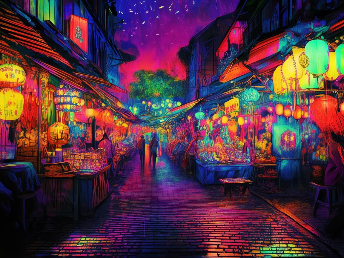 梦幻夜市灯光秀，插画师眼中的璀璨画卷