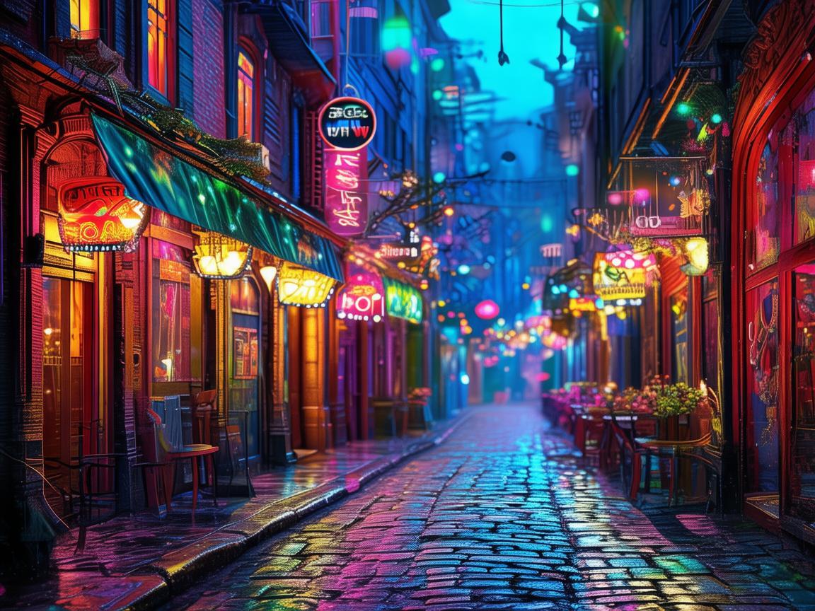 酒吧街，光影交织的插画梦境