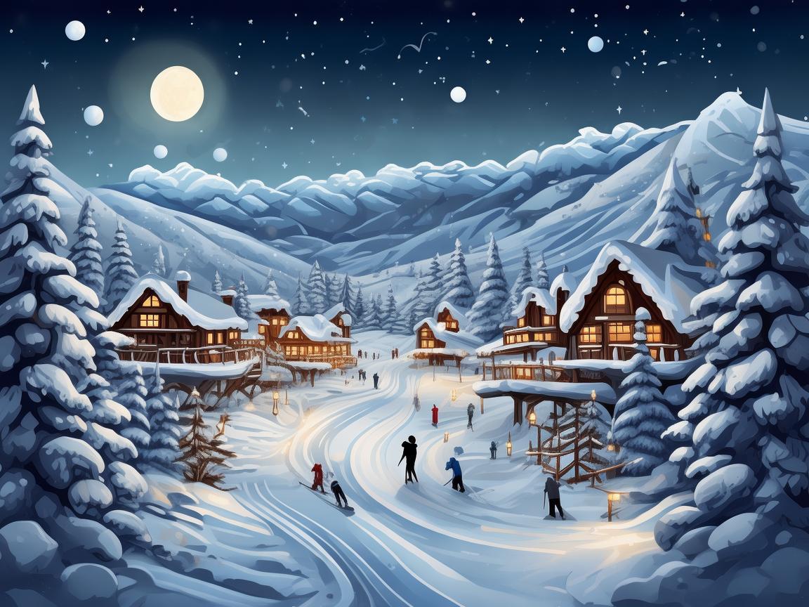 冰雪世界中的梦幻滑雪场插画之旅