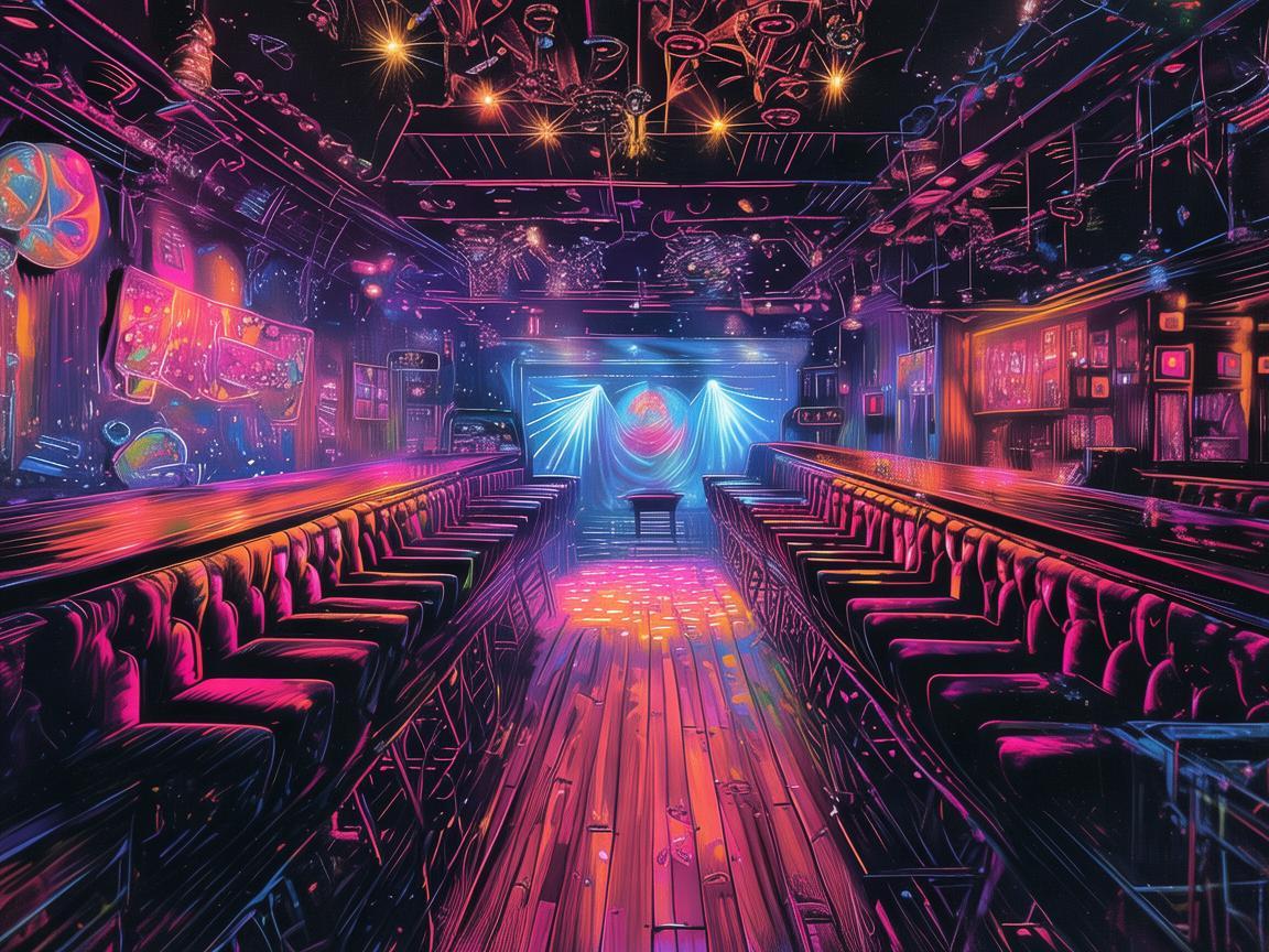酒吧卡座，光影交织的插画舞台