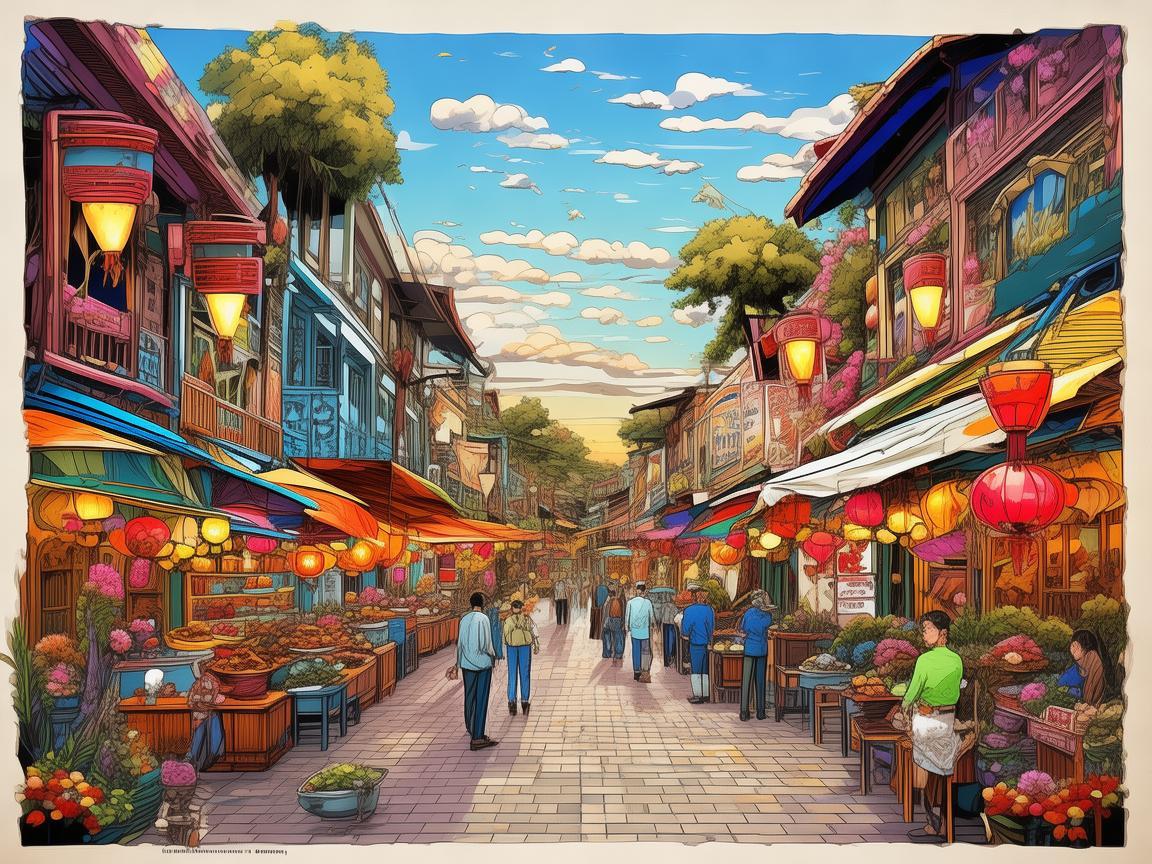 美食街的色彩盛宴，如何通过插画展现地方特色与文化氛围？